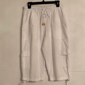 Cotton Collection White Cargo Capris Pants Elastic Waist Drawstring Hem Size XL